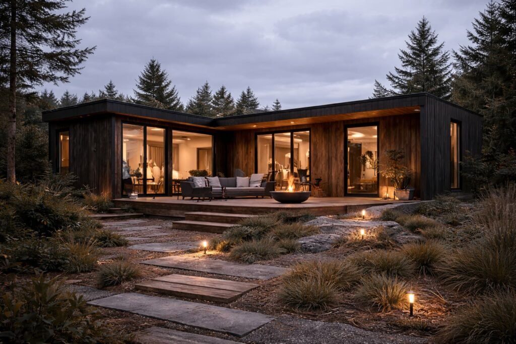 Stylish modular home with warm interior lighting, wooden deck, and panoramic windows set in a lakeside forest landscape.