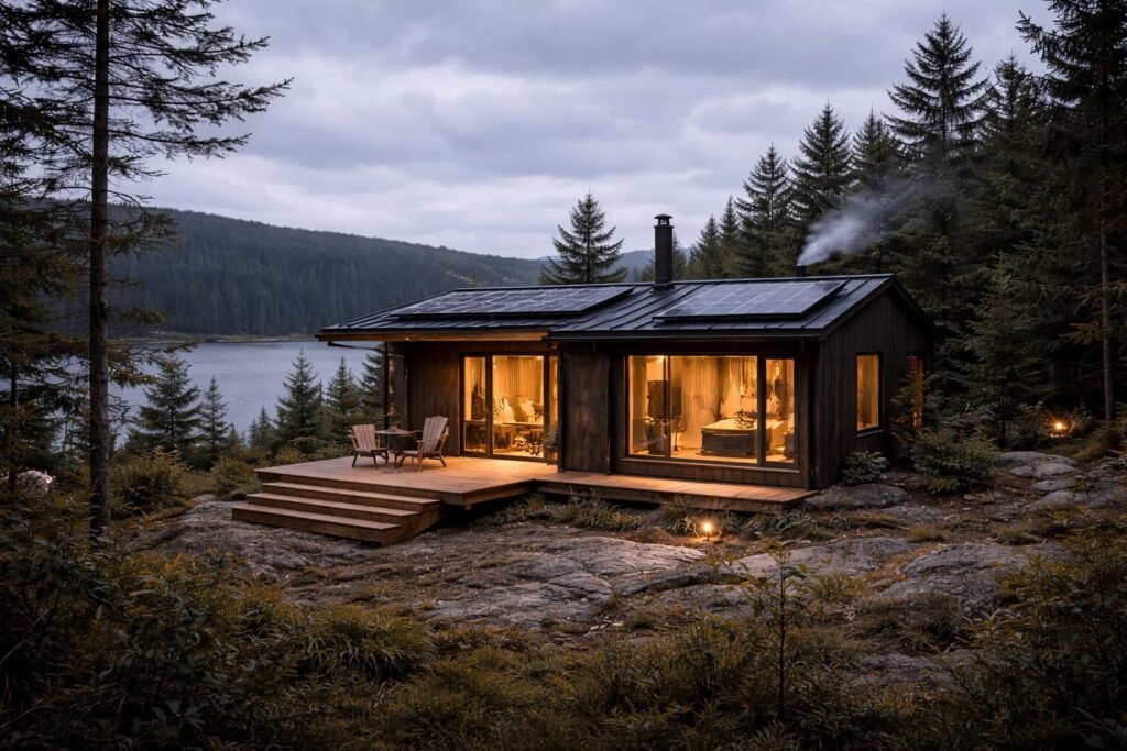 Contemporary modular cabin with large glass windows and solar panels, located beside a forest lake at dusk.