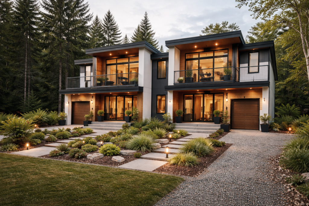 Two-story modular duplex home with large glass windows, balconies, landscaped front yard, and modern architectural finish.
