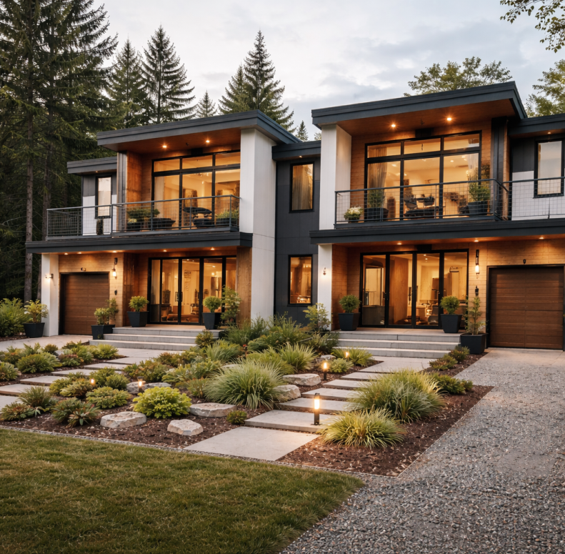 Two-story modular duplex home with large glass windows, balconies, landscaped front yard, and modern architectural finish.
