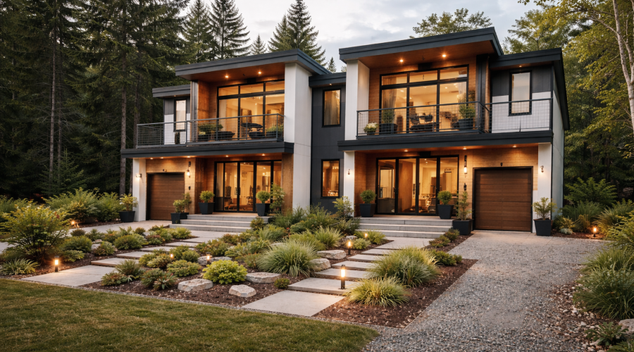 Two-story modular duplex home with large glass windows, balconies, landscaped front yard, and modern architectural finish.
