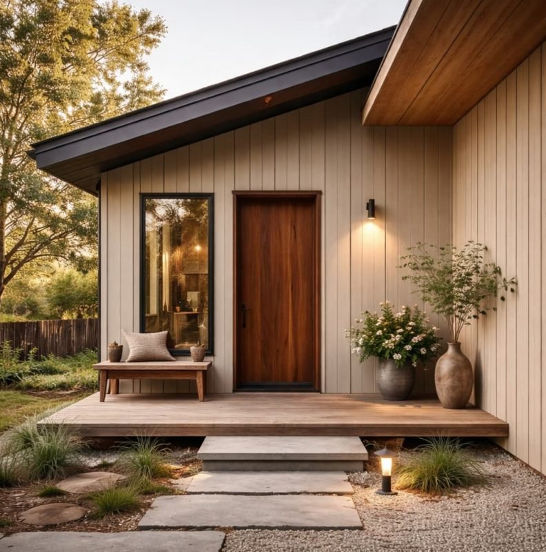 Contemporary modular home entrance featuring vertical siding, a wooden front door, small deck, and landscaped pathway.
