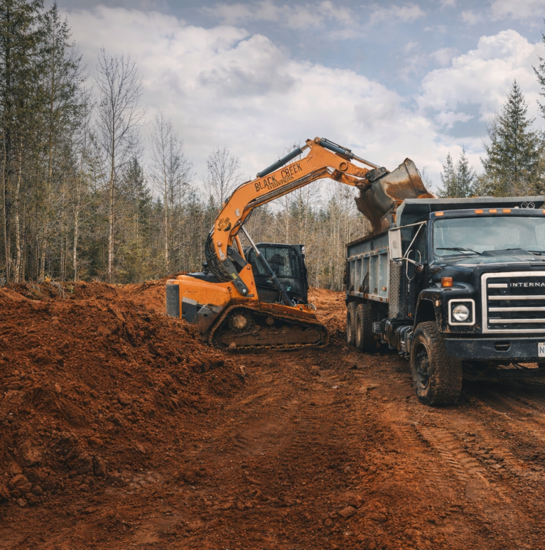 Excavator loading soil into a dump truck during land clearing and site preparation for modular construction.